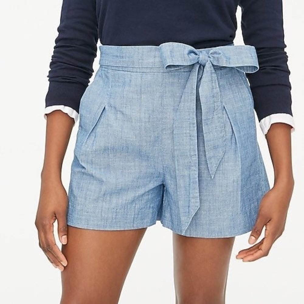 J. Crew Chambray High Tie Waist Shorts Side Zip 8
